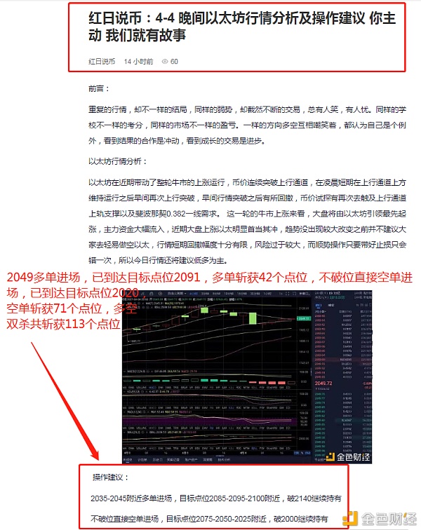 红日说币：4/5 以太坊多空布局 斩获113个点位 只有利润才是最切合实际的