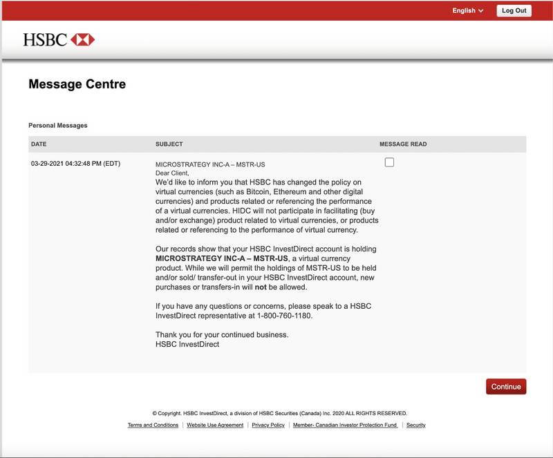 汇丰银行的反加密行动已经升级：其在线交易平台已禁止购买MicroStrategy股票