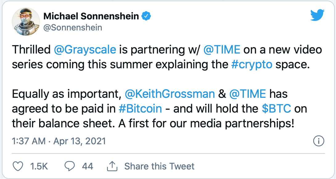 《时代》杂志加入特斯拉阵营，准备将比特币列入资产负债表1