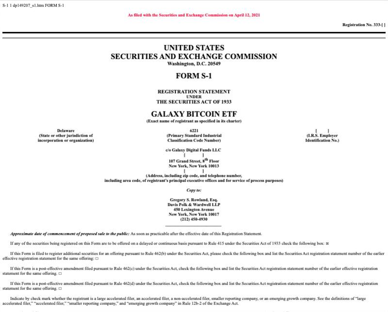 Galaxy digital在美国证券交易委员会的比特币ETF应用 Galaxy digital在美国证券交易委员会的比特币ETF应用