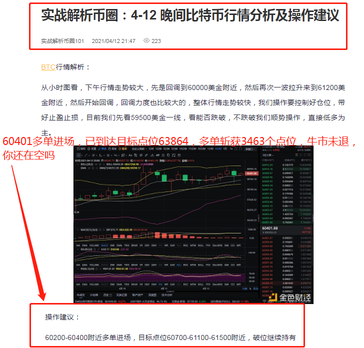 实战解析币圈：4-14 比特币多单布局 斩获3463个点位 跟上操作 才有肉吃