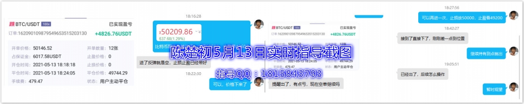 陈楚初：晚间指导三单全部获利，比特币止盈900点，以太坊止盈25点。