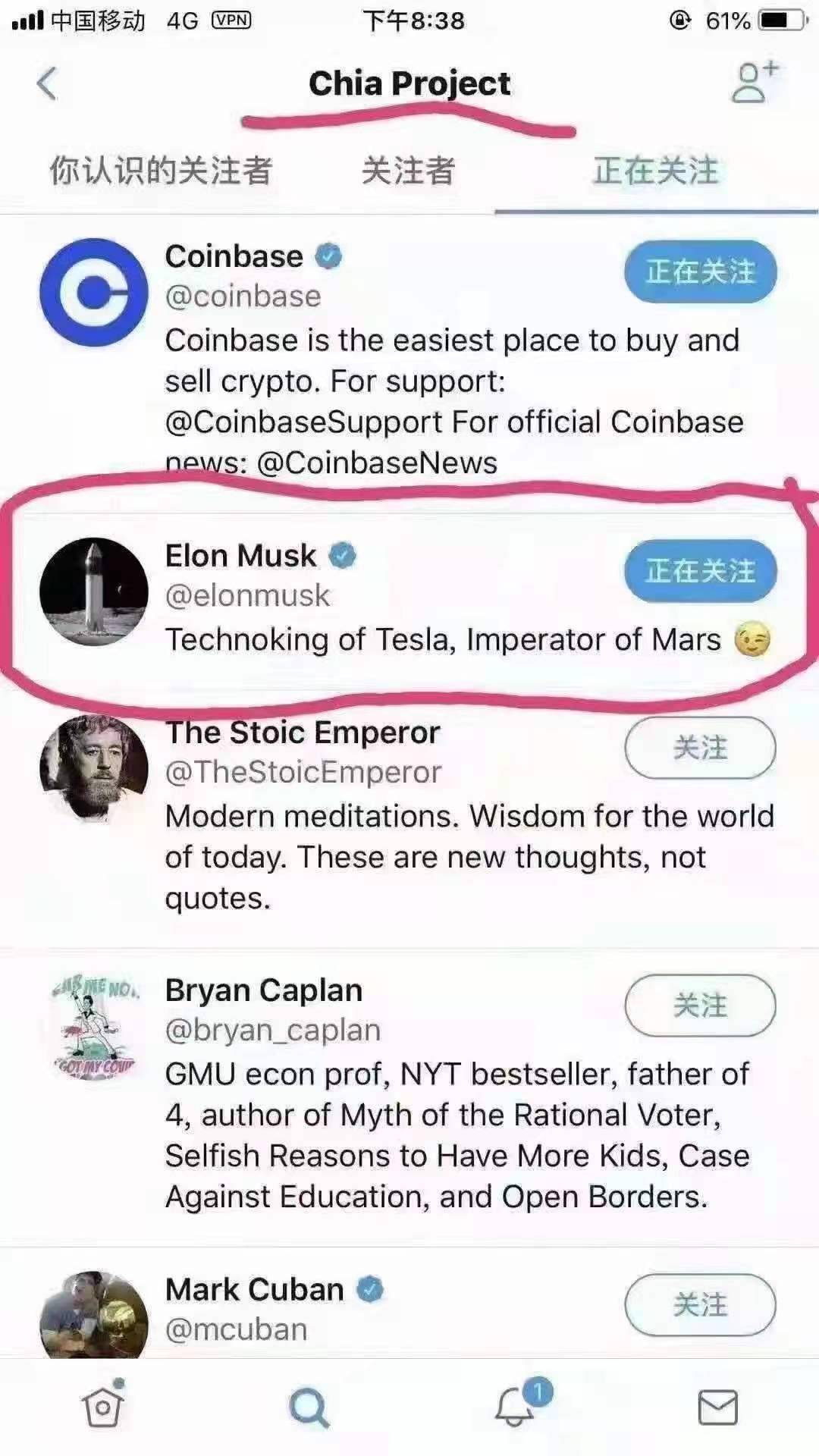 美传奇人物马斯克力开始关注Chia，会助力Chia大涨么？期待！1