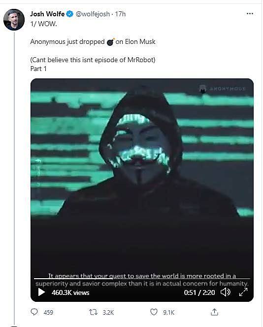 特斯拉创始人马斯克遭黑客组织 Anonymous 舆论轰炸