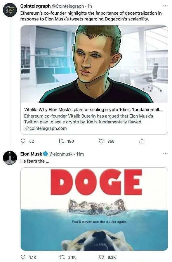 以太坊创始人批评马斯克：狗币不能将方块扩大10倍