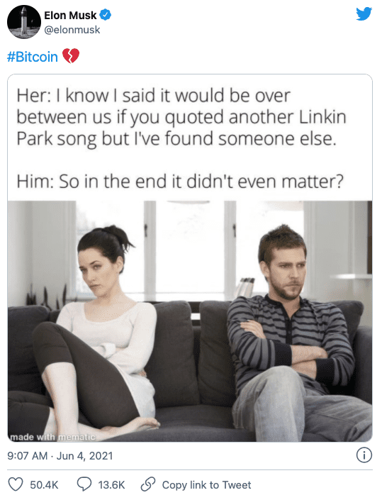 马斯克发推暗示与比特币“分手” 比特币价格下挫2.8%