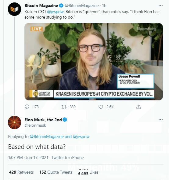 Kraken首席执行官表示,比特币比人们想象的要环保得多。马斯克的回答是:基于什么数据? Kraken首席执行官表示,比特币比人们想象的要环保得多。马斯克的回答是:基于什么数据?