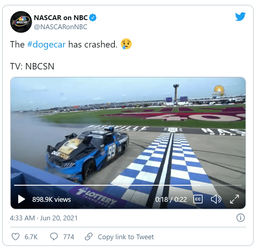 上周末纳斯卡Xfinity系列赛中狗狗币赞助的赛车落败，狗狗币下跌14%