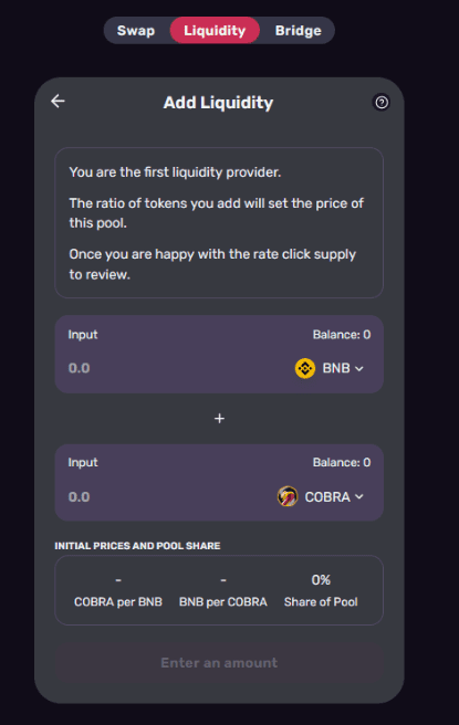 CobraSwap 是一个相当新的去中心化交易所 (DEX) 第一个自动做市商 (AMM)，市场上的最低汇率为 0,088%3