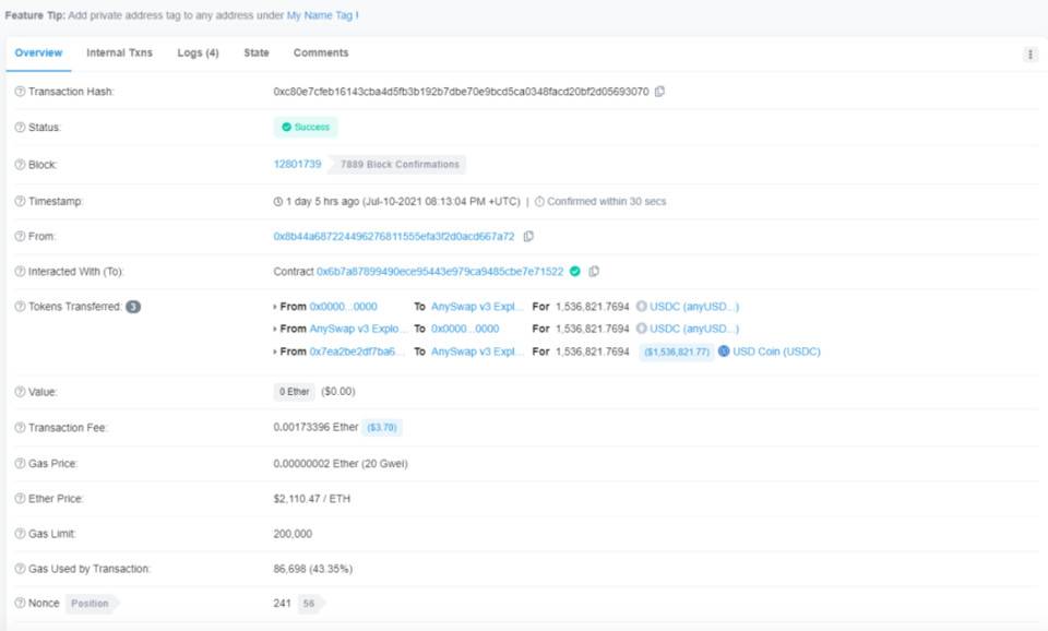 用户私钥被破解？Anyswap 跨链桥被黑客攻击细节分析2