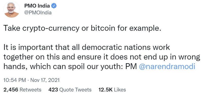 India's Prime Minister Narendra Modi Urges Countries to Collaborate on Bitcoin, Cryptocurrency