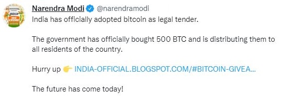 Prime Minister Modi's Twitter Account Hacked — Tweets Bitcoin Legal Tender in India, Government Giving Away BTC