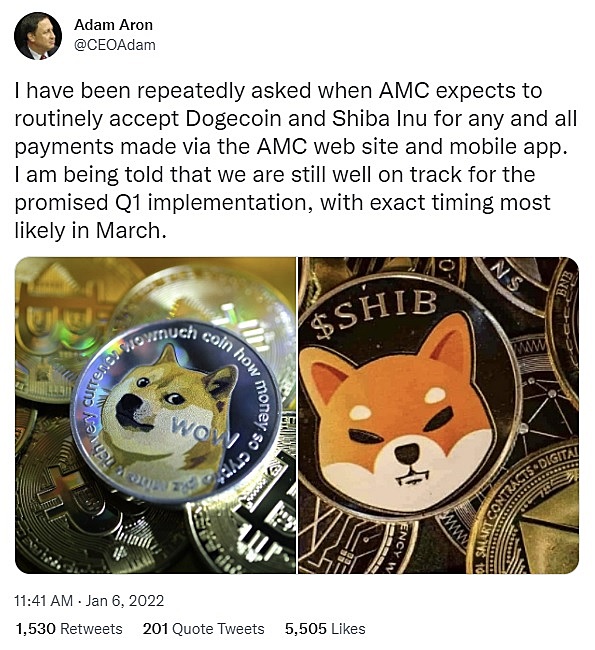 AMC剧院有望在第一季度接受Dogecoin和Shiba Inu付款