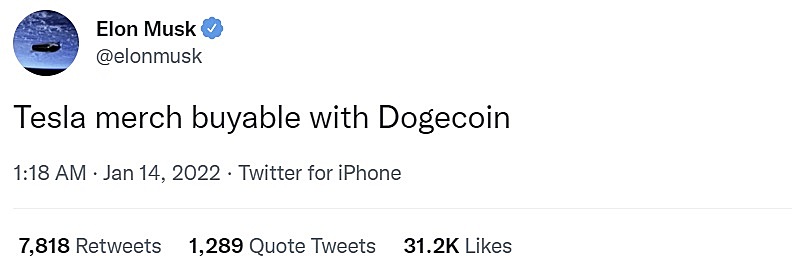 特斯拉开始接受狗狗币支付，一些商品只能用狗狗币购买