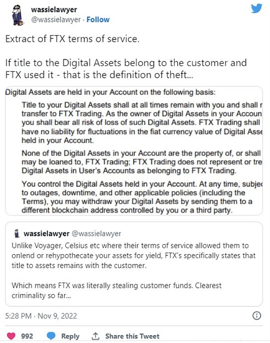 律师:FTX挪用资金,违反用户服务协议 律师:FTX挪用资金,违反用户服务协议