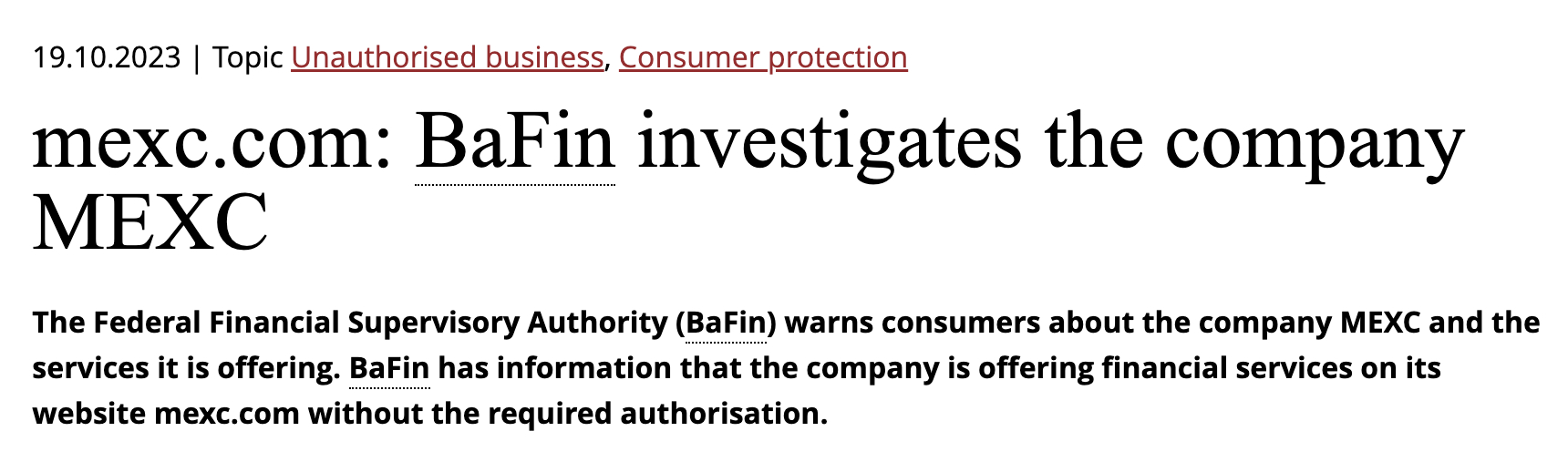 未经授权的加密货币托管:BaFin就MEXC向消费者发出警告 未经授权的加密货币托管:BaFin就MEXC向消费者发出警告