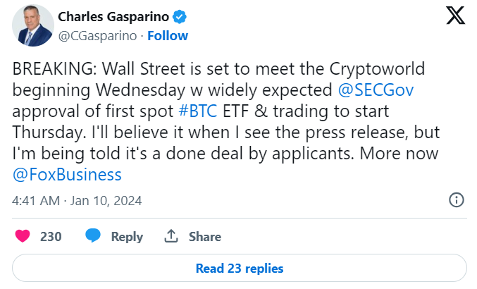 现货比特币ETF已完成,交易将于周四开始? 现货比特币ETF已完成,交易将于周四开始?