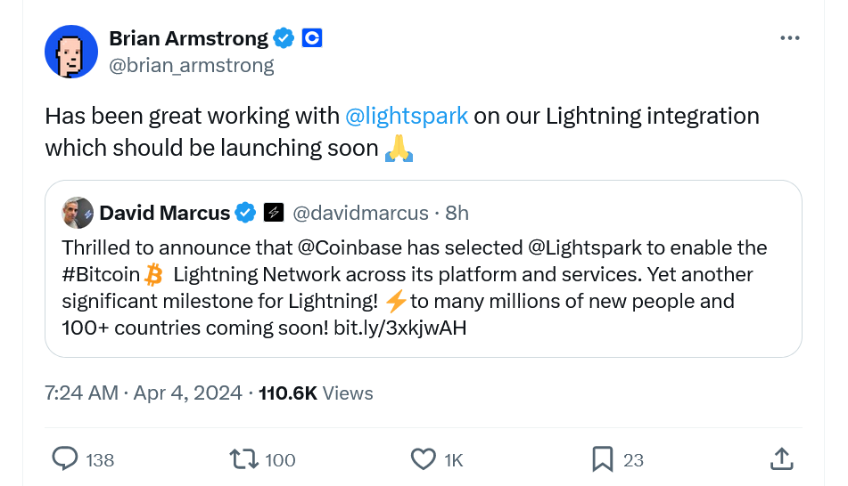 Coinbase与Lightspark合作开展比特币闪电支付 Coinbase与Lightspark合作开展比特币闪电支付