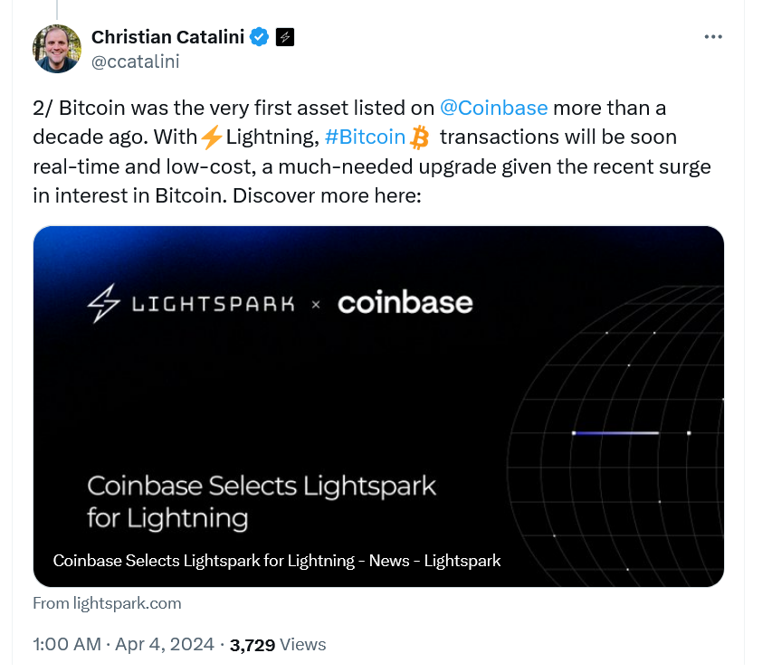 Coinbase与Lightspark合作开展比特币闪电支付1 Coinbase与Lightspark合作开展比特币闪电支付1