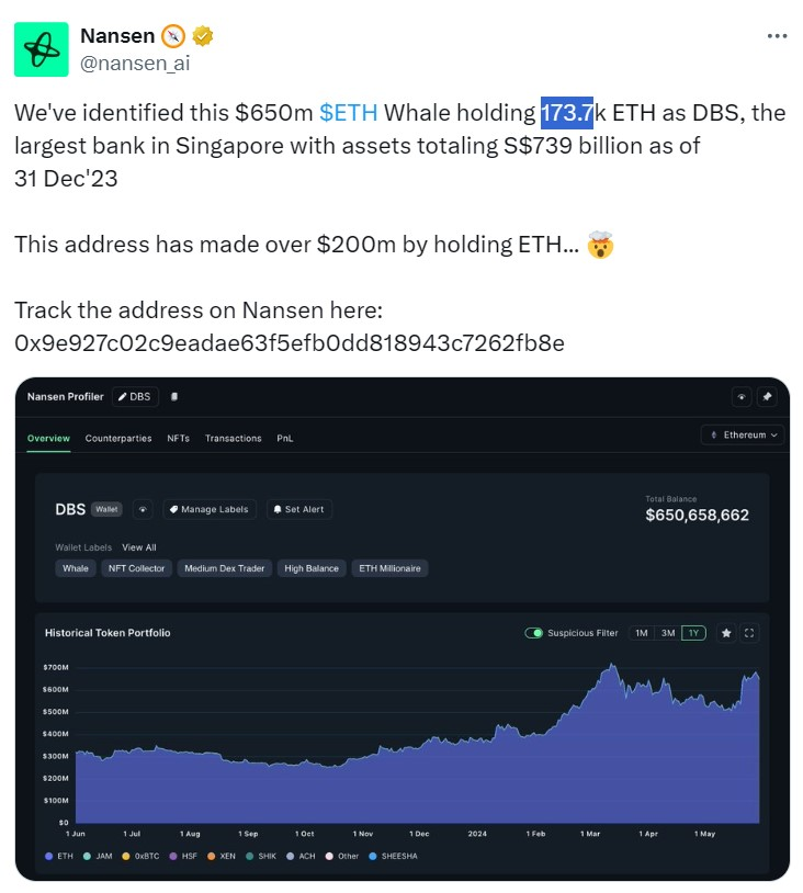新加坡星展银行持有6.5亿美元以太坊？