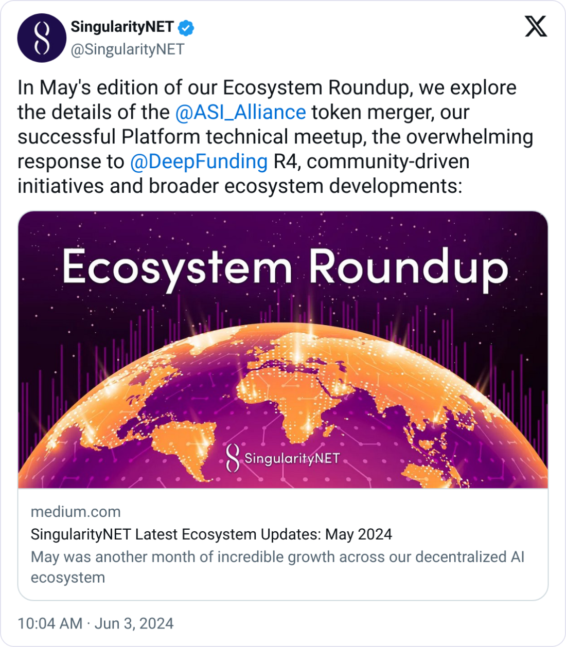 SingularityNET宣布FET、AGIX、OCEAN的ASI币合并日期 SingularityNET宣布FET、AGIX、OCEAN的ASI币合并日期
