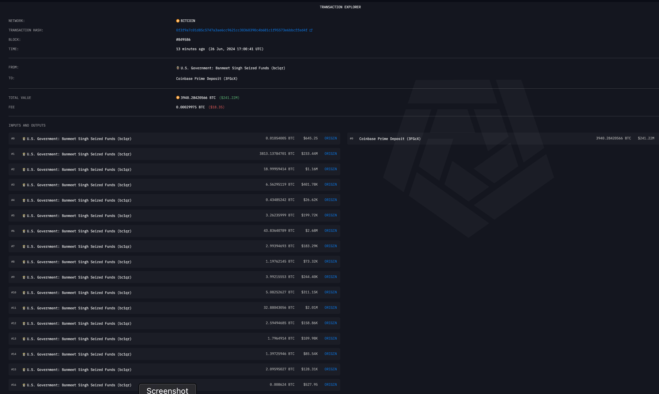 美国政府向Coinbase交易所发送3940比特币 美国政府向Coinbase交易所发送3940比特币