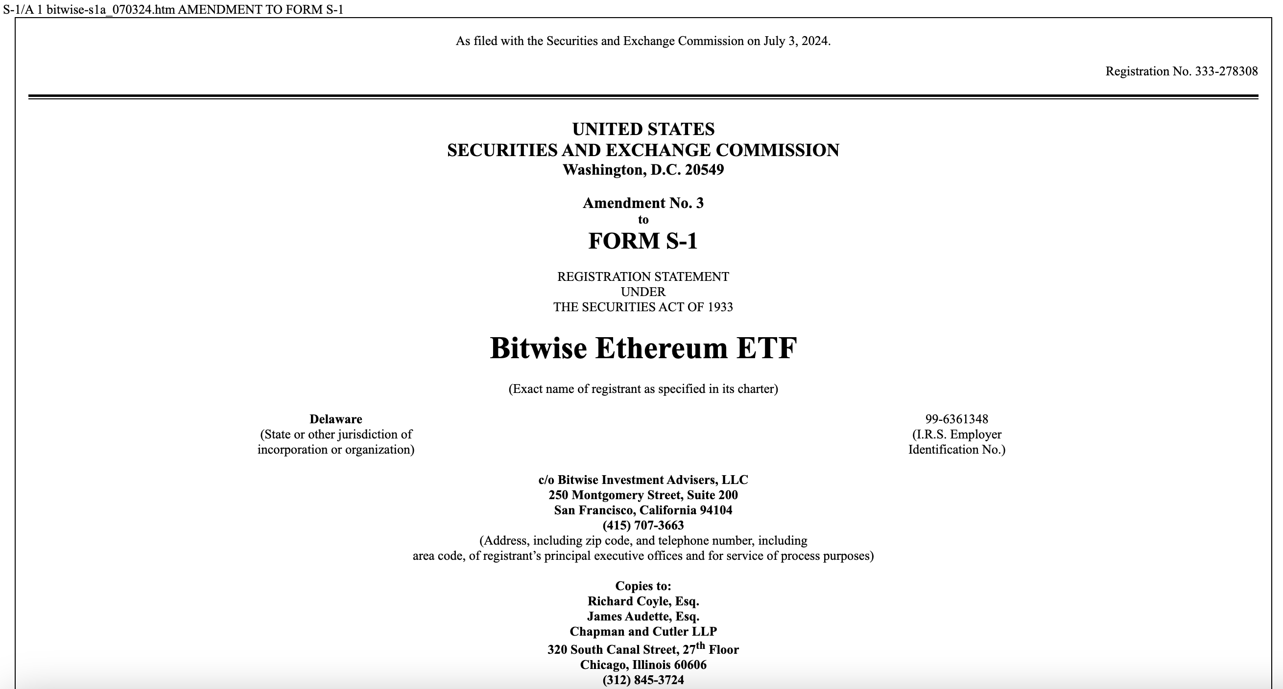 Bitwise提交修订后的以太坊ETF S-1文件 Bitwise提交修订后的以太坊ETF S-1文件
