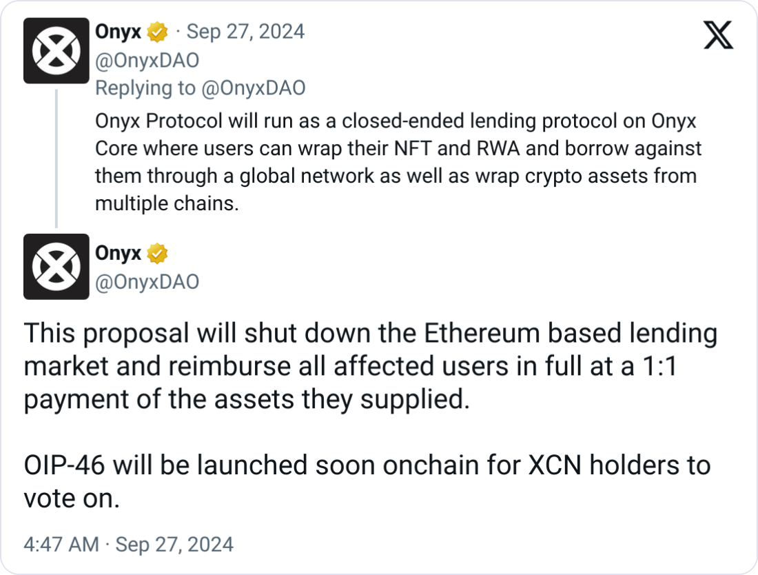 Onyx将关闭基于以太坊的借贷市场,重新启动Onyx Core Onyx将关闭基于以太坊的借贷市场,重新启动Onyx Core