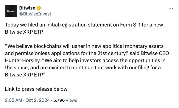 Bitwise向美国证券交易委员会提交首只XRP ETF申请