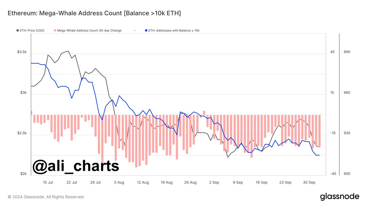 持有10000ETH的以太坊鲸鱼数量下降7%,对价格有何影响? 持有10000ETH的以太坊鲸鱼数量下降7%,对价格有何影响?