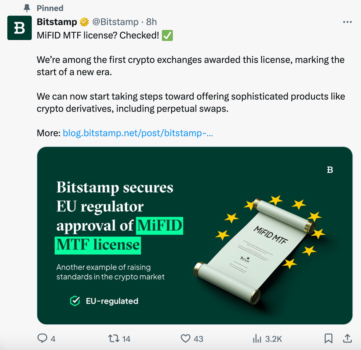数字货币交易所Bitstamp获得欧洲交易设施许可证 数字货币交易所Bitstamp获得欧洲交易设施许可证