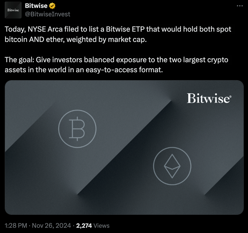 Bitwise为与比特币和以太坊挂钩的ETF提交S-1注册 Bitwise为与比特币和以太坊挂钩的ETF提交S-1注册