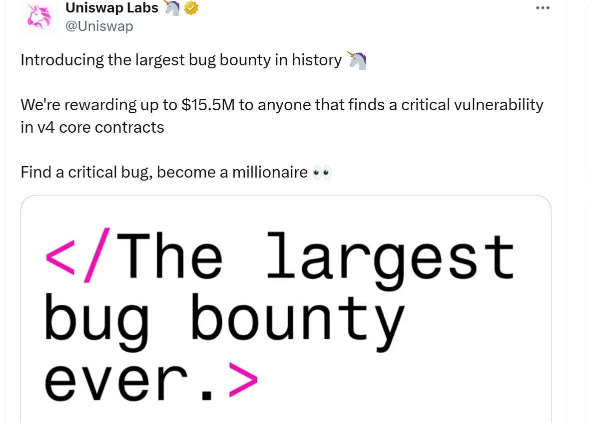 Uniswap在v4发布前公布1550万美元核心合约漏洞赏金 Uniswap在v4发布前公布1550万美元核心合约漏洞赏金