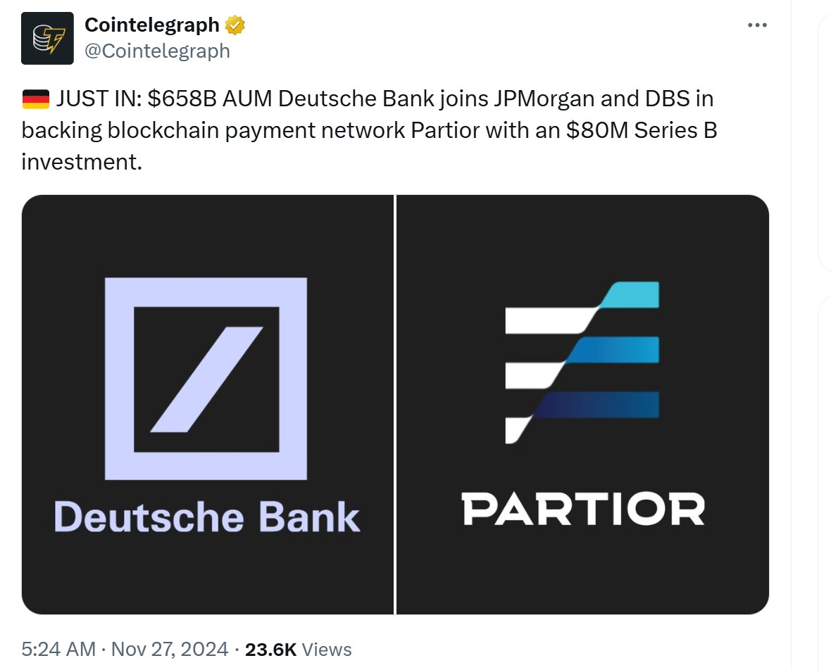 德意志银行投资Partior B轮融资达8000万美元 德意志银行投资Partior B轮融资达8000万美元