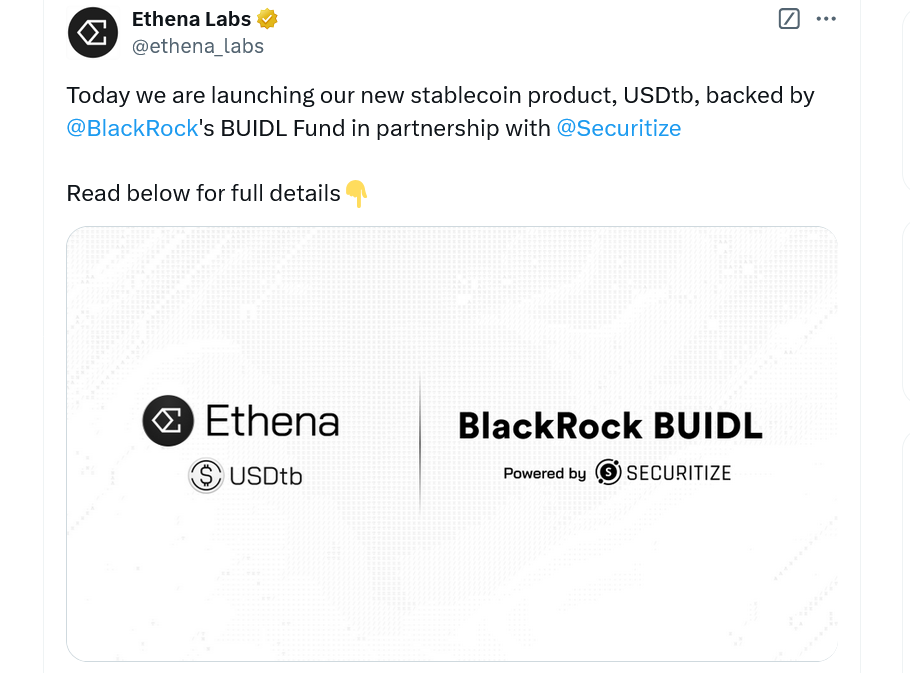 Ethena的USDtb稳定币第一天就达到了6500万美元的总锁定价值,市场对其抱有很高的乐观态度 Ethena的USDtb稳定币第一天就达到了6500万美元的总锁定价值,市场对其抱有很高的乐观态度