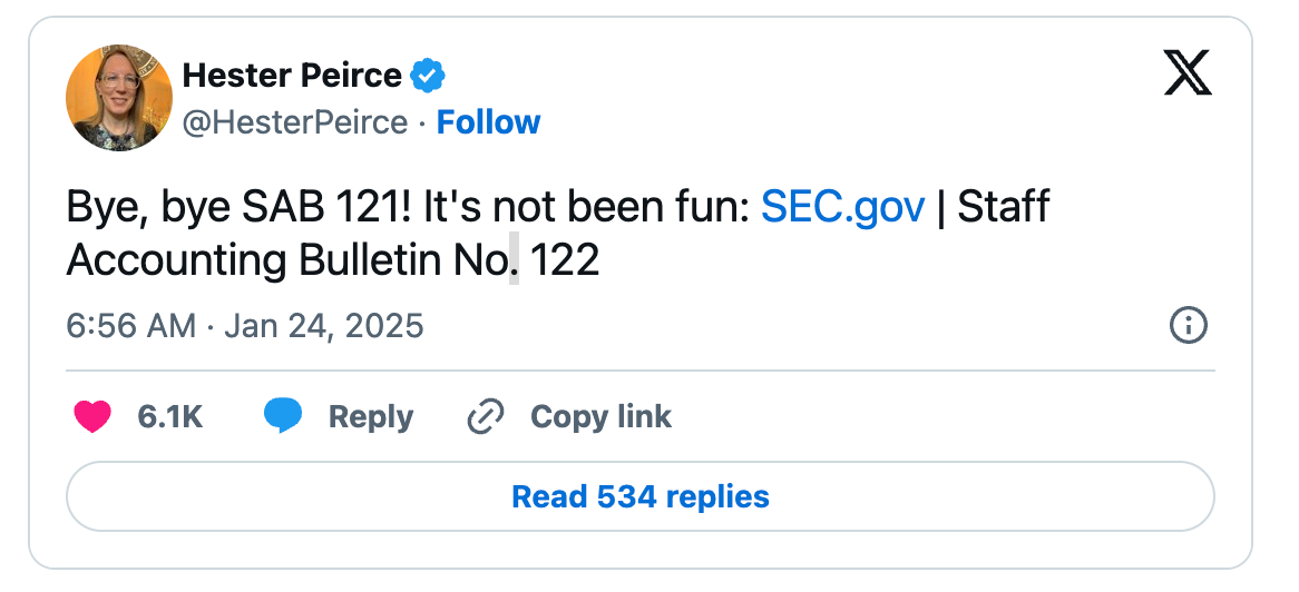 SEC取消有争议的加密货币会计规则