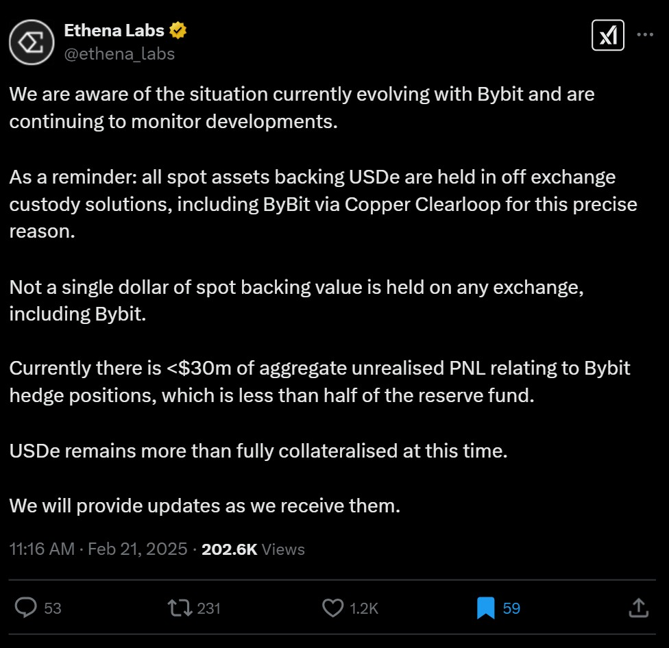 Bybit遭黑客攻击后,Ethena向用户保证偿付能力 Bybit遭黑客攻击后,Ethena向用户保证偿付能力